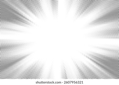Halftone gradient sun rays pattern. Abstract halftone vector dots background. monochrome dots pattern. Vector background in comic book style with sunburst rays and halftone. Retro pop art design.