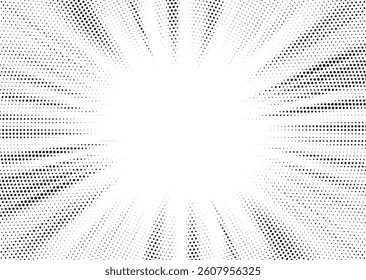 Halftone gradient sun rays pattern. Abstract halftone vector dots background. monochrome dots pattern. Vector background in comic book style with sunburst rays and halftone. Retro pop art design.
