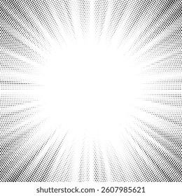 Halftone gradient sun rays pattern. Abstract halftone vector dots background. monochrome dots pattern. Vector background in comic book style with sunburst rays and halftone. Retro pop art design.	
