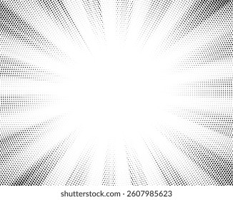 Halftone gradient sun rays pattern. Abstract halftone vector dots background. monochrome dots pattern. Vector background in comic book style with sunburst rays and halftone. Retro pop art design.	