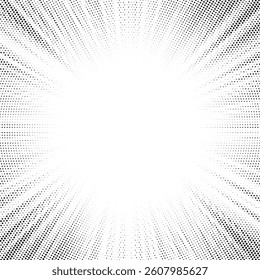 Halftone gradient sun rays pattern. Abstract halftone vector dots background. monochrome dots pattern. Vector background in comic book style with sunburst rays and halftone. Retro pop art design.	