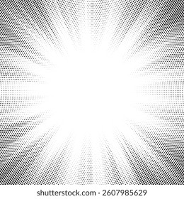 Halftone gradient sun rays pattern. Abstract halftone vector dots background. monochrome dots pattern. Vector background in comic book style with sunburst rays and halftone. Retro pop art design.	
