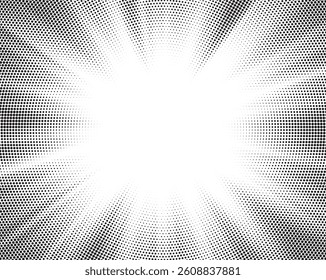 Halftone gradient sun rays pattern. Abstract halftone color dots background. Red pop art, comic small dots. star rays halftone poster. shine, explosion. sunrise rays background.	