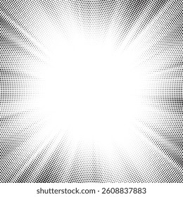 Halftone gradient sun rays pattern. Abstract halftone color dots background. Red pop art, comic small dots. star rays halftone poster. shine, explosion. sunrise rays background.	