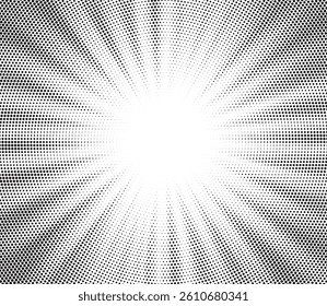 Halftone gradient sun rays pattern. Abstract halftone color dots background. Red pop art, comic small dots. star rays halftone poster. shine, explosion. sunrise rays background.