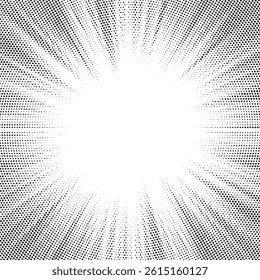 Halftone gradient sun rays pattern. Abstract halftone color dots background. Red pop art, comic small dots. star rays halftone poster. shine, explosion. sunrise rays background.	