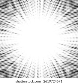 Halftone gradient sun rays pattern. Abstract halftone color dots background. Red pop art, comic small dots. star rays halftone poster. shine, explosion. sunrise rays background.