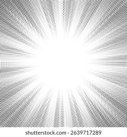 Halftone gradient sun rays pattern. Abstract halftone color dots background. Red pop art, comic small dots. star rays halftone poster. shine, explosion. sunrise rays background.	