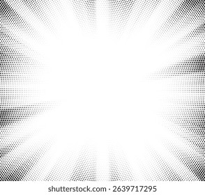 Halftone gradient sun rays pattern. Abstract halftone color dots background. Red pop art, comic small dots. star rays halftone poster. shine, explosion. sunrise rays background.	