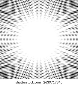 Halftone gradient sun rays pattern. Abstract halftone color dots background. Red pop art, comic small dots. star rays halftone poster. shine, explosion. sunrise rays background.	