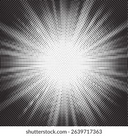 Halftone gradient sun rays pattern. Abstract halftone color dots background. Red pop art, comic small dots. star rays halftone poster. shine, explosion. sunrise rays background.	