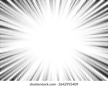 Halftone gradient sun rays pattern. Abstract halftone color dots background. Red pop art, comic small dots. star rays halftone poster. shine, explosion. sunrise rays background.
