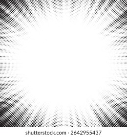 Halftone gradient sun rays pattern. Abstract halftone color dots background. Red pop art, comic small dots. star rays halftone poster. shine, explosion. sunrise rays background.