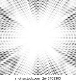 Padrão de raios solares com gradiente de meio-tom. Fundo de pontos de cor de meio-tom abstrato. Red pop art, cômico pontos pequenos. estrela raios meio tom cartaz. brilho, explosão. raios do nascer do sol fundo.	