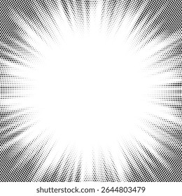 Halftone gradient sun rays pattern. Abstract halftone color dots background. Red pop art, comic small dots. star rays halftone poster. shine, explosion. sunrise rays background.	