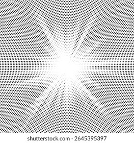 Halftone gradient sun rays pattern. Abstract halftone color dots background. Red pop art, comic small dots. star rays halftone poster. shine, explosion. sunrise rays background.	