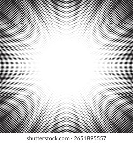 Halftone gradient sun rays pattern. Abstract halftone color dots background. Red pop art, comic small dots. star rays halftone poster. shine, explosion. sunrise rays background.	