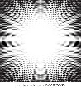 Halftone gradient sun rays pattern. Abstract halftone color dots background. Red pop art, comic small dots. star rays halftone poster. shine, explosion. sunrise rays background.	