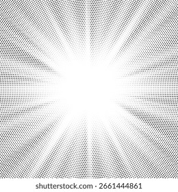 Halftone gradient sun rays pattern. Abstract halftone color dots background. Red pop art, comic small dots. star rays halftone poster. shine, explosion. sunrise rays background.