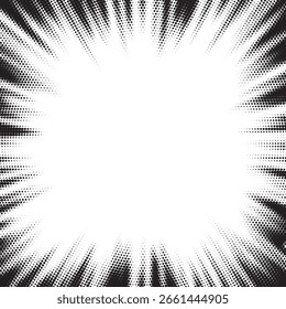 Halftone gradient sun rays pattern. Abstract halftone color dots background. Red pop art, comic small dots. star rays halftone poster. shine, explosion. sunrise rays background.