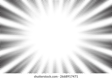 Halftone gradient sun rays pattern. Abstract halftone color dots background. Red pop art, comic small dots. star rays halftone poster. shine, explosion. sunrise rays background.