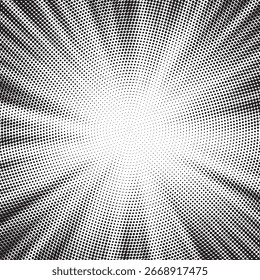 Halftone gradient sun rays pattern. Abstract halftone color dots background. Red pop art, comic small dots. star rays halftone poster. shine, explosion. sunrise rays background.