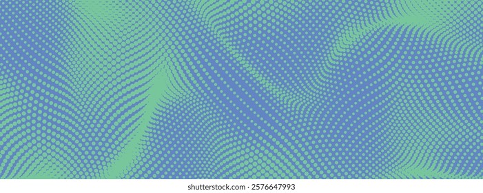 Halftone gradient texture in green and blue color. Wave dots digital wallpaper. Pop art background for printing on business cards and flyers. Vector

