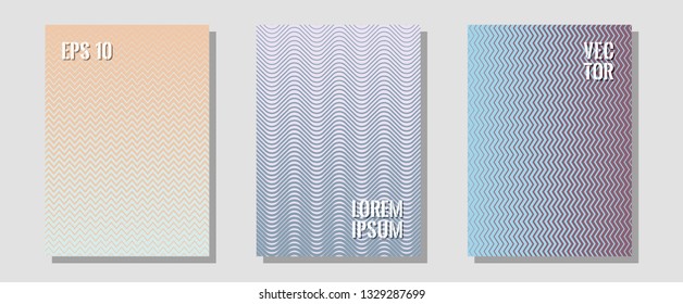 Halftone gradient texture vector cover layouts. Technicolor composition. Zigzag halftone lines wave stripes backdrops. Minimal booklets. Multiple lines cool gradient texture backgrounds.