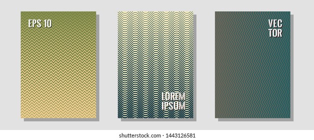 Halftone gradient texture vector cover layouts. Trendy magazines. Zigzag halftone lines wave stripes backdrops. 2d grid composition. Multiple lines cool gradient texture backgrounds.