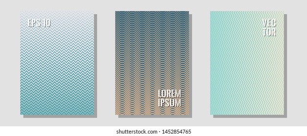 Halftone gradient texture vector cover layouts. Neoteric composition. Zigzag halftone lines wave stripes backdrops. Modern branding. Multiple lines cool gradient texture backgrounds.