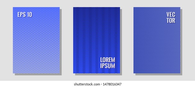 Halftone gradient texture vector cover layouts. Trendy magazines. Zigzag halftone lines wave stripes backdrops. Contemporary collection. Multiple lines cool gradient texture backgrounds.