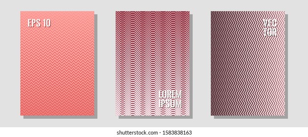 Halftone gradient texture vector cover layouts. Laconic nifty mockups. Zigzag halftone lines wave stripes backdrops. Corporate catalogs. Multiple lines cool gradient texture backgrounds.