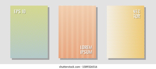 Halftone gradient texture vector cover layouts. Minimalistic journals. Zigzag halftone lines wave stripes backdrops. Trendy magazines. Multiple lines cool gradient texture backgrounds.