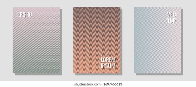 Halftone gradient texture vector cover layouts. Futuristic style. Zigzag halftone lines wave stripes backdrops. Brand identity elements. Multiple lines cool gradient texture backgrounds.