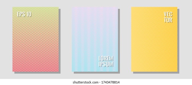 Halftone gradient texture vector cover layouts. Brand identity elements. Zigzag halftone lines wave stripes backdrops. Simple book covers. Multiple lines cool gradient texture backgrounds.