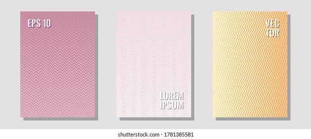 Halftone gradient texture vector cover layouts. Hipster placards. Zigzag halftone lines wave stripes backdrops. Dynamic retro fashion. Multiple lines cool gradient texture backgrounds.