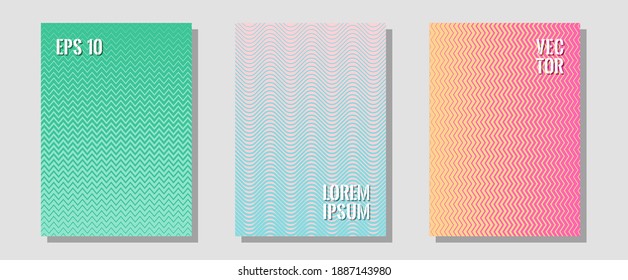 Halftone gradient texture vector cover layouts. Educational notepads. Zigzag halftone lines wave stripes backdrops. Hipster placards. Multiple lines cool gradient texture backgrounds.