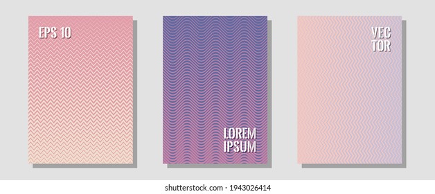 Halftone gradient texture vector cover layouts. Simple book covers. Zigzag halftone lines wave stripes backdrops. Laconic business cards. Multiple lines cool gradient texture backgrounds.