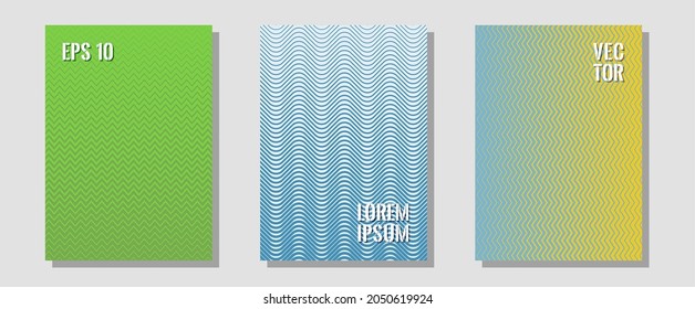 Halftone gradient texture vector cover layouts. Minimalistic journals. Zigzag halftone lines wave stripes backdrops. Simple book covers. Multiple lines cool gradient texture backgrounds.