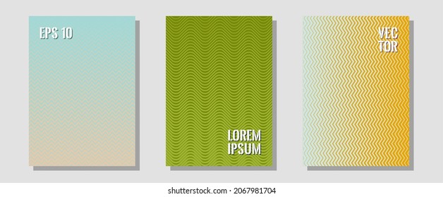 Halftone gradient texture vector cover layouts. Technological formers. Zigzag halftone lines wave stripes backdrops. Music placards. Multiple lines cool gradient texture backgrounds.