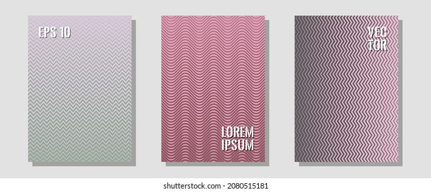 Halftone gradient texture vector cover layouts. Digital collection. Zigzag halftone lines wave stripes backdrops. Dynamic retro fashion. Multiple lines cool gradient texture backgrounds.