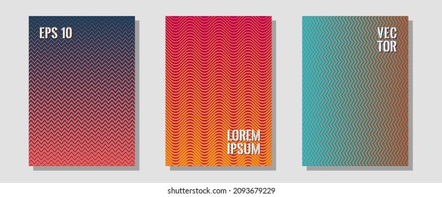 Halftone gradient texture vector cover layouts. Futuristic style. Zigzag halftone lines wave stripes backdrops. Advertising text space. Multiple lines cool gradient texture backgrounds.