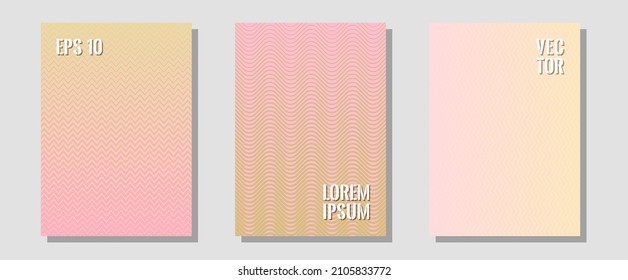 Halftone gradient texture vector cover layouts. Modern branding. Zigzag halftone lines wave stripes backdrops. Minimalistic journals. Multiple lines cool gradient texture backgrounds.