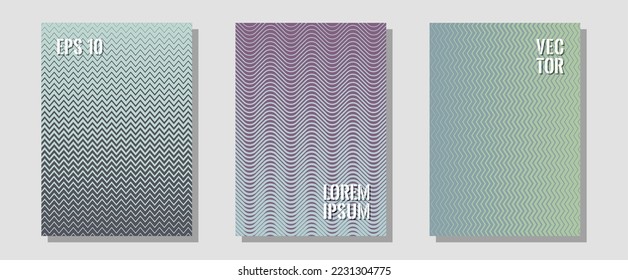 Halftone gradient texture vector cover layouts. Liner faded gradation. Zigzag halftone lines wave stripes backdrops. Modern branding. Multiple lines cool gradient texture backgrounds.