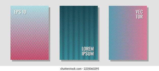 Diseños de cobertura vectorial de textura de degradado de semitono. Estilo futurista. Zigzag líneas de semitono ondulan rayas de fondo. Páginas de impresión elegantes. Varias líneas enfrian los fondos de textura de gradiente.