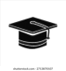Icono de gorra de graduación de semitono en blanco y negro. Símbolo académico punteado mínimo para la educación, el aprendizaje, la universidad, la finalización del curso, el certificado y el concepto de conocimiento.