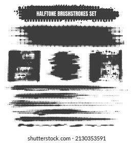 Halftone grain brushes. Halftoned grunge brushstroke shapes, artist drawn splatter spray noise sketch brushstrokes collection vector illustration