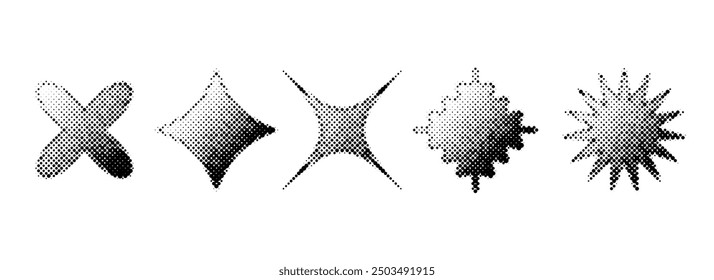 Halftone grain gradient star set. Dotted grunge geometric shape collection. Y2K bitmap element bundle. Pixel comic burst and sparkle elements for graphic design, poster, banner, flyer. Vector pack