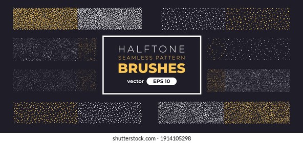 Halftone grain pattern brushes. Grunge noise texture set. Vector illustration eps10. Creative artistic brush collection. Basic kit. Ink paint strokes.