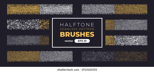 Halftone grain pattern brushes. Grunge noise texture set. Vector illustration eps10. Creative artistic brush collection. Basic kit. Ink paint strokes.